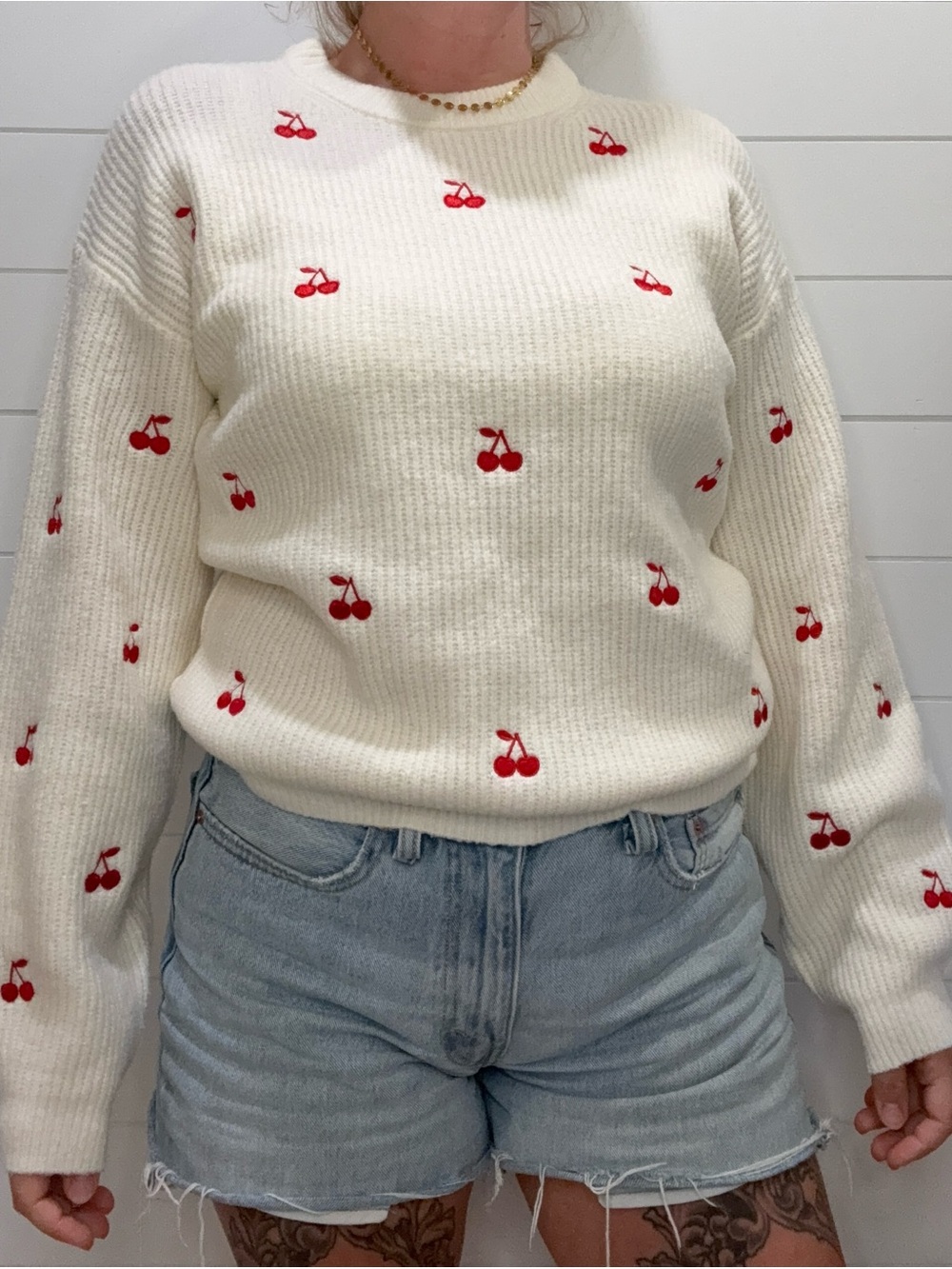 a new day Cream Crewneck Sweater with Red Cherry Motif